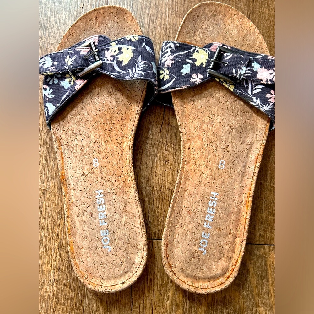 Tropical Cork Bed Sandal with Floral Canvas Metallic Buckle Slip On Medium 8 Joe